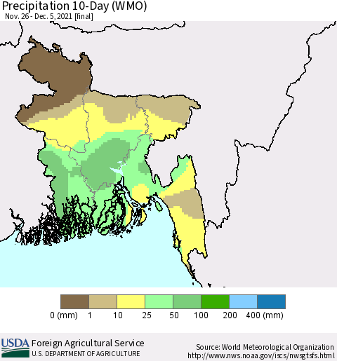 Bangladesh Precipitation 10-Day (WMO) Thematic Map For 11/26/2021 - 12/5/2021