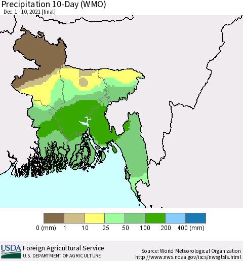 Bangladesh Precipitation 10-Day (WMO) Thematic Map For 12/1/2021 - 12/10/2021
