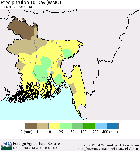 Bangladesh Precipitation 10-Day (WMO) Thematic Map For 1/21/2022 - 1/31/2022