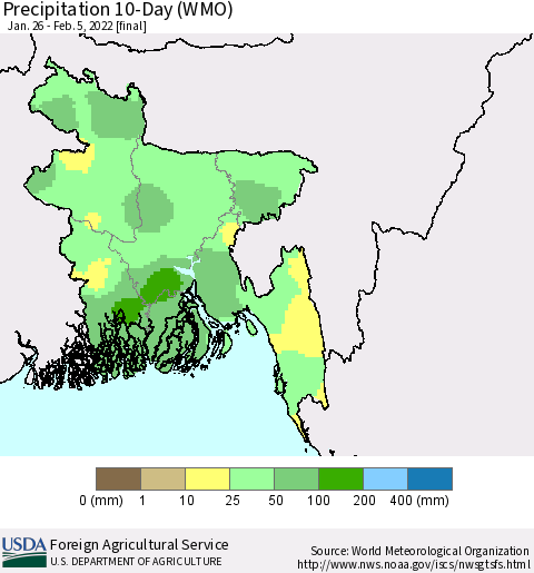 Bangladesh Precipitation 10-Day (WMO) Thematic Map For 1/26/2022 - 2/5/2022