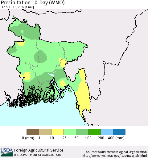 Bangladesh Precipitation 10-Day (WMO) Thematic Map For 2/1/2022 - 2/10/2022