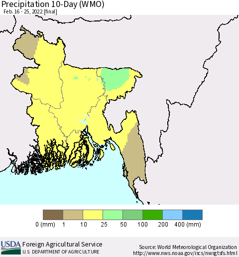 Bangladesh Precipitation 10-Day (WMO) Thematic Map For 2/16/2022 - 2/25/2022