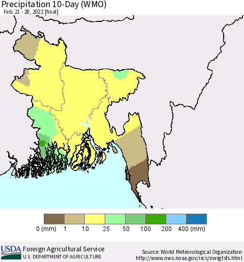 Bangladesh Precipitation 10-Day (WMO) Thematic Map For 2/21/2022 - 2/28/2022