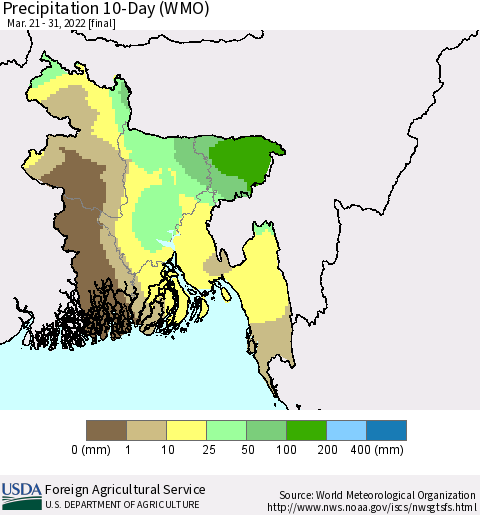 Bangladesh Precipitation 10-Day (WMO) Thematic Map For 3/21/2022 - 3/31/2022