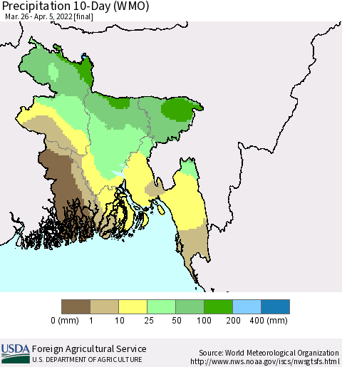 Bangladesh Precipitation 10-Day (WMO) Thematic Map For 3/26/2022 - 4/5/2022