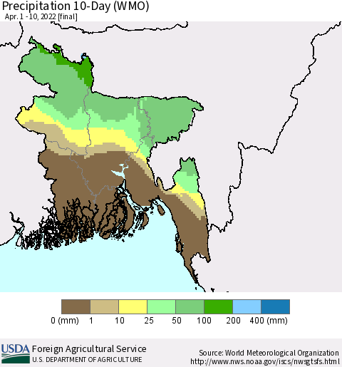 Bangladesh Precipitation 10-Day (WMO) Thematic Map For 4/1/2022 - 4/10/2022