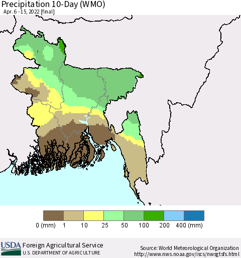 Bangladesh Precipitation 10-Day (WMO) Thematic Map For 4/6/2022 - 4/15/2022