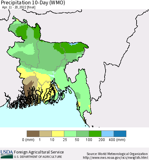 Bangladesh Precipitation 10-Day (WMO) Thematic Map For 4/11/2022 - 4/20/2022