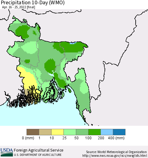Bangladesh Precipitation 10-Day (WMO) Thematic Map For 4/16/2022 - 4/25/2022