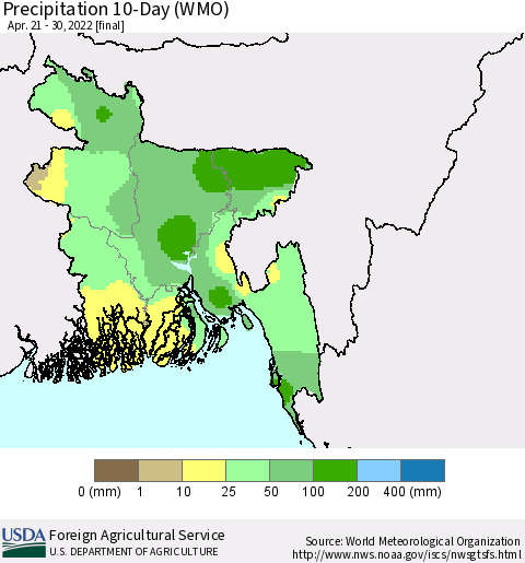 Bangladesh Precipitation 10-Day (WMO) Thematic Map For 4/21/2022 - 4/30/2022
