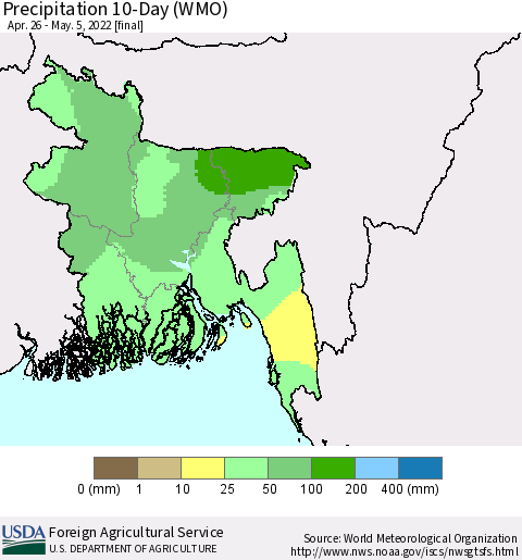 Bangladesh Precipitation 10-Day (WMO) Thematic Map For 4/26/2022 - 5/5/2022