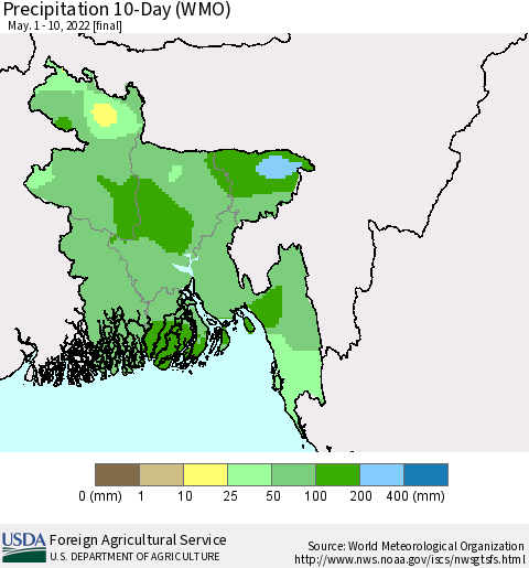 Bangladesh Precipitation 10-Day (WMO) Thematic Map For 5/1/2022 - 5/10/2022