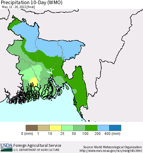 Bangladesh Precipitation 10-Day (WMO) Thematic Map For 5/11/2022 - 5/20/2022