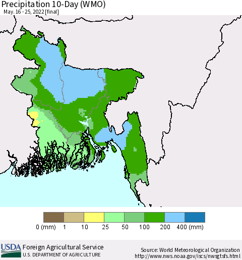 Bangladesh Precipitation 10-Day (WMO) Thematic Map For 5/16/2022 - 5/25/2022