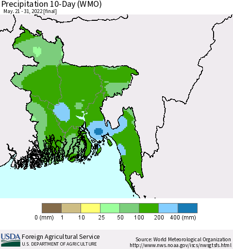 Bangladesh Precipitation 10-Day (WMO) Thematic Map For 5/21/2022 - 5/31/2022