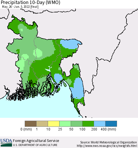 Bangladesh Precipitation 10-Day (WMO) Thematic Map For 5/26/2022 - 6/5/2022