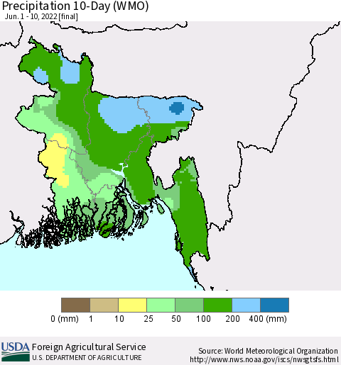 Bangladesh Precipitation 10-Day (WMO) Thematic Map For 6/1/2022 - 6/10/2022