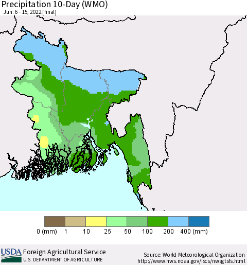 Bangladesh Precipitation 10-Day (WMO) Thematic Map For 6/6/2022 - 6/15/2022