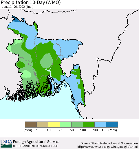 Bangladesh Precipitation 10-Day (WMO) Thematic Map For 6/11/2022 - 6/20/2022