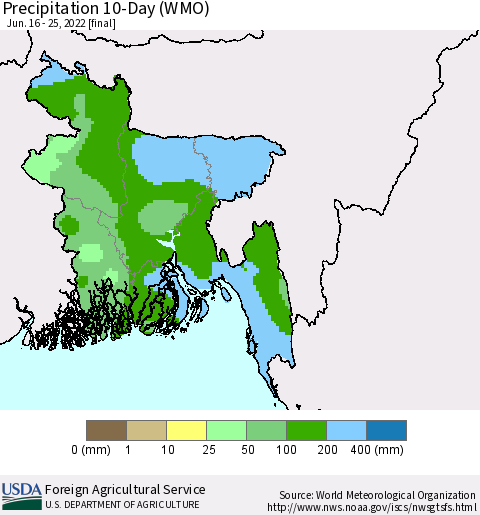 Bangladesh Precipitation 10-Day (WMO) Thematic Map For 6/16/2022 - 6/25/2022