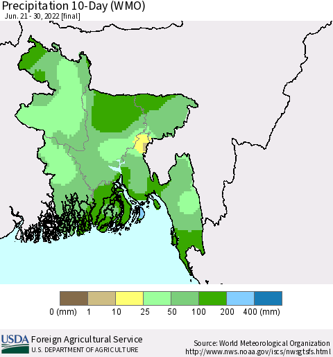 Bangladesh Precipitation 10-Day (WMO) Thematic Map For 6/21/2022 - 6/30/2022