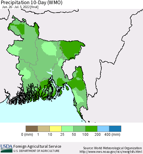 Bangladesh Precipitation 10-Day (WMO) Thematic Map For 6/26/2022 - 7/5/2022