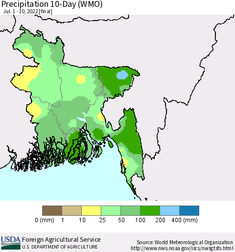 Bangladesh Precipitation 10-Day (WMO) Thematic Map For 7/1/2022 - 7/10/2022