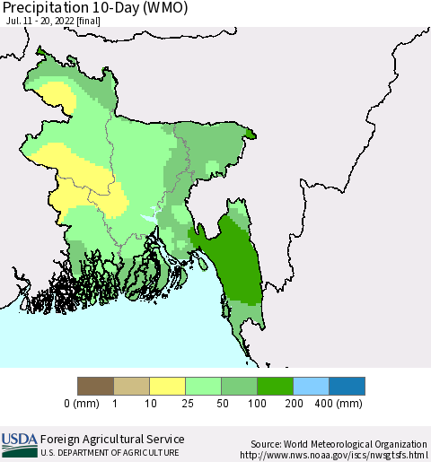 Bangladesh Precipitation 10-Day (WMO) Thematic Map For 7/11/2022 - 7/20/2022