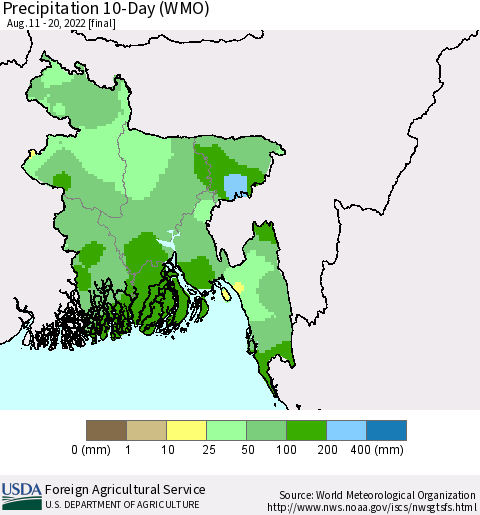 Bangladesh Precipitation 10-Day (WMO) Thematic Map For 8/11/2022 - 8/20/2022