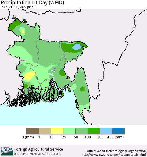 Bangladesh Precipitation 10-Day (WMO) Thematic Map For 9/21/2022 - 9/30/2022
