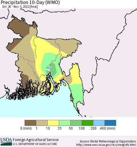 Bangladesh Precipitation 10-Day (WMO) Thematic Map For 10/26/2022 - 11/5/2022