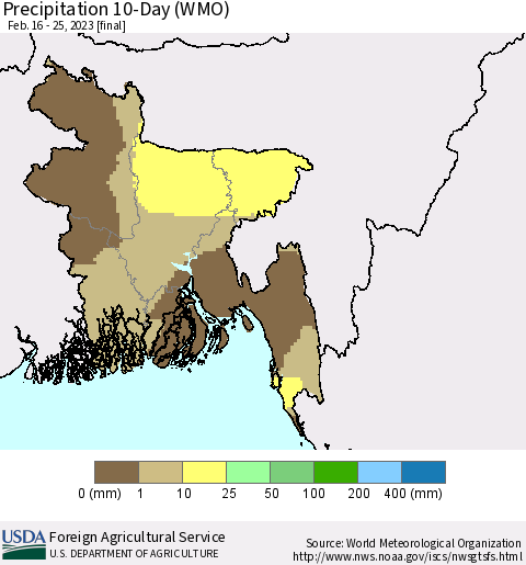 Bangladesh Precipitation 10-Day (WMO) Thematic Map For 2/16/2023 - 2/25/2023