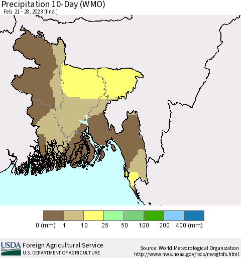 Bangladesh Precipitation 10-Day (WMO) Thematic Map For 2/21/2023 - 2/28/2023