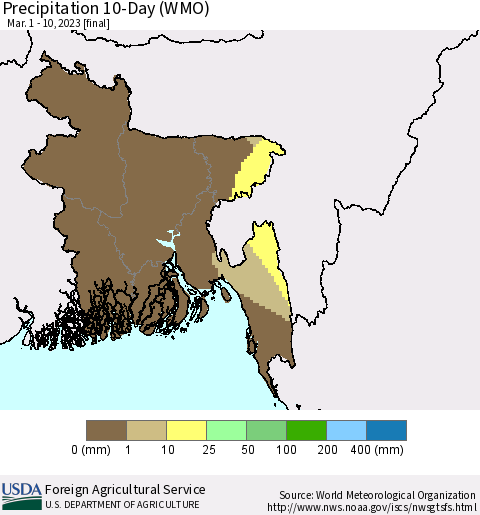 Bangladesh Precipitation 10-Day (WMO) Thematic Map For 3/1/2023 - 3/10/2023