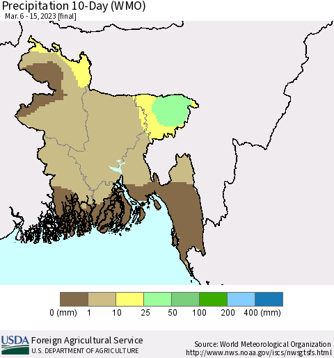 Bangladesh Precipitation 10-Day (WMO) Thematic Map For 3/6/2023 - 3/15/2023