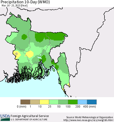 Bangladesh Precipitation 10-Day (WMO) Thematic Map For 3/16/2023 - 3/25/2023