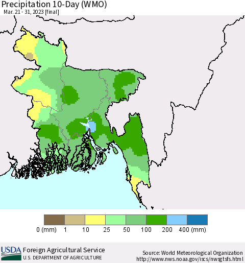 Bangladesh Precipitation 10-Day (WMO) Thematic Map For 3/21/2023 - 3/31/2023