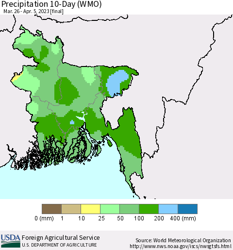 Bangladesh Precipitation 10-Day (WMO) Thematic Map For 3/26/2023 - 4/5/2023