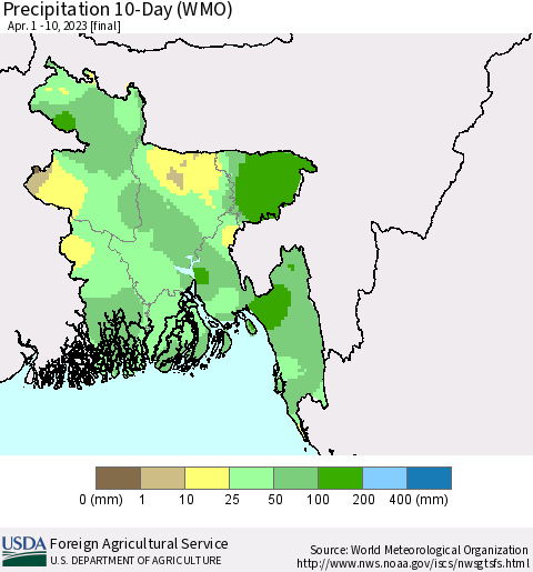 Bangladesh Precipitation 10-Day (WMO) Thematic Map For 4/1/2023 - 4/10/2023