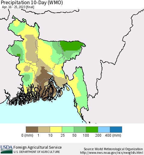 Bangladesh Precipitation 10-Day (WMO) Thematic Map For 4/16/2023 - 4/25/2023