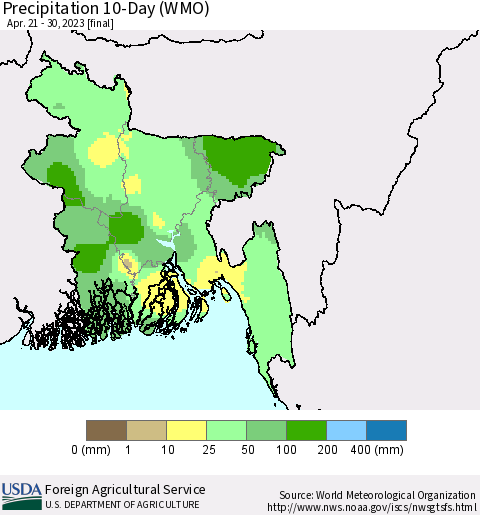 Bangladesh Precipitation 10-Day (WMO) Thematic Map For 4/21/2023 - 4/30/2023