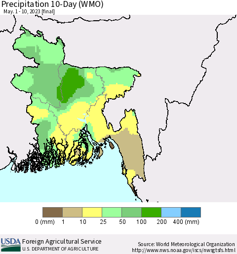 Bangladesh Precipitation 10-Day (WMO) Thematic Map For 5/1/2023 - 5/10/2023