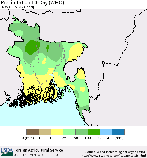 Bangladesh Precipitation 10-Day (WMO) Thematic Map For 5/6/2023 - 5/15/2023