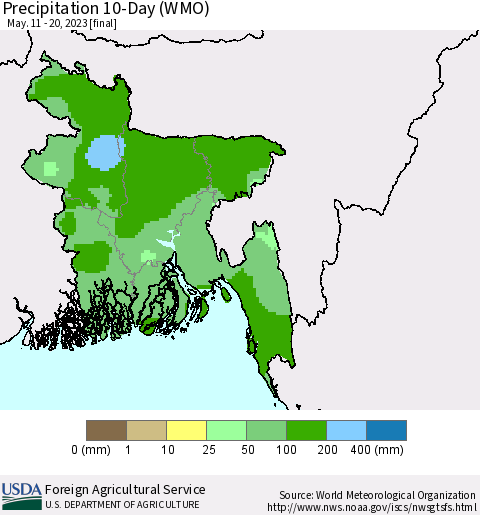 Bangladesh Precipitation 10-Day (WMO) Thematic Map For 5/11/2023 - 5/20/2023