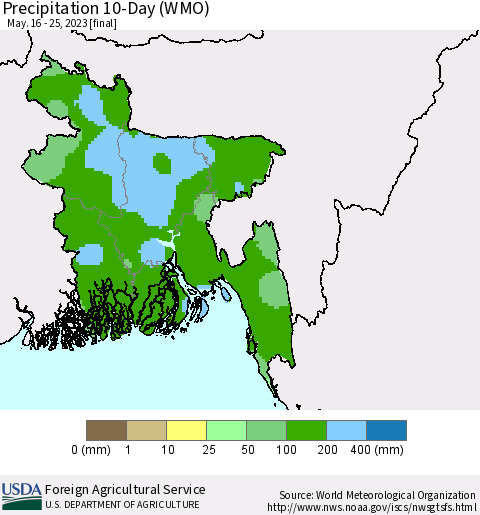Bangladesh Precipitation 10-Day (WMO) Thematic Map For 5/16/2023 - 5/25/2023