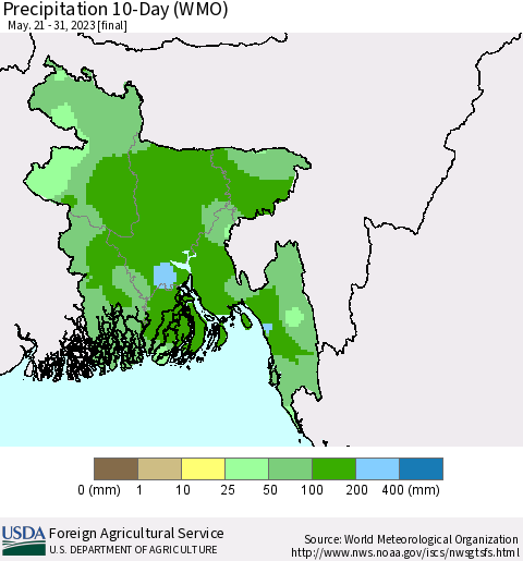 Bangladesh Precipitation 10-Day (WMO) Thematic Map For 5/21/2023 - 5/31/2023
