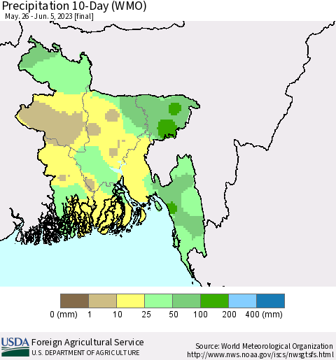 Bangladesh Precipitation 10-Day (WMO) Thematic Map For 5/26/2023 - 6/5/2023