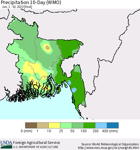 Bangladesh Precipitation 10-Day (WMO) Thematic Map For 6/1/2023 - 6/10/2023