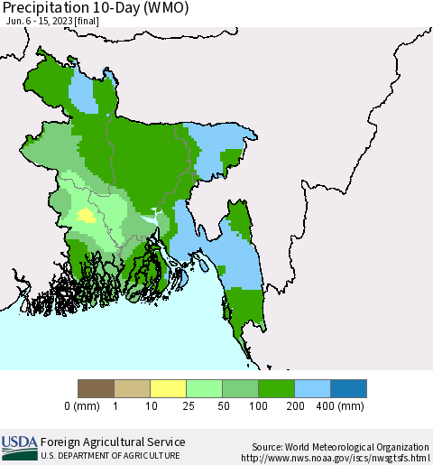 Bangladesh Precipitation 10-Day (WMO) Thematic Map For 6/6/2023 - 6/15/2023