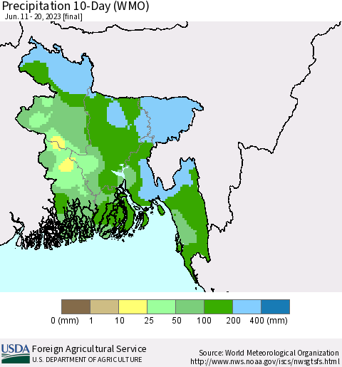 Bangladesh Precipitation 10-Day (WMO) Thematic Map For 6/11/2023 - 6/20/2023